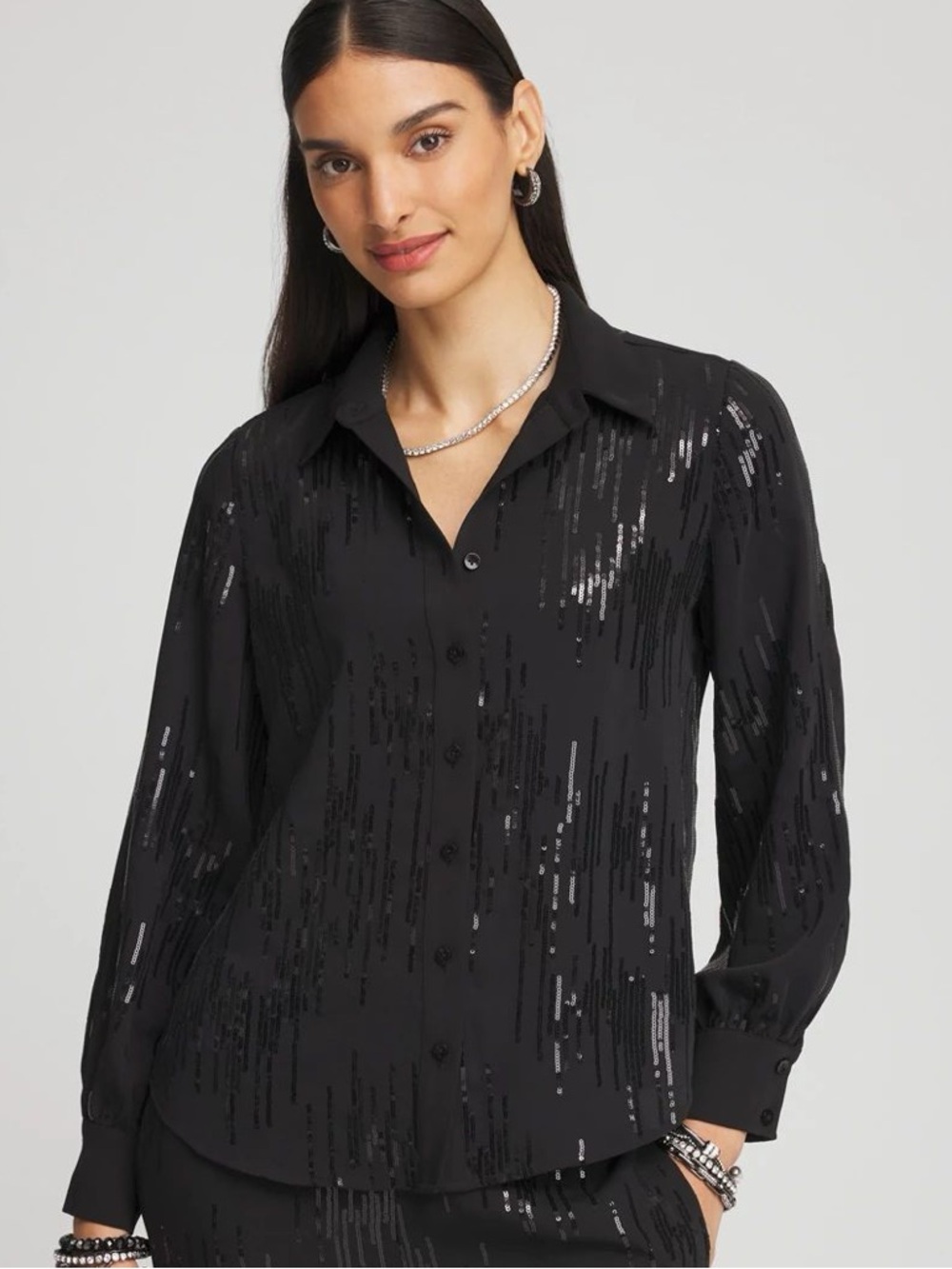 Chico's Black Sequin Satin Button Front Blouse Size L